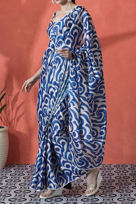 Shop_Naintara Bajaj_Blue Chiffon Sweetheart Neck Printed Pre-draped Saree Set _Online_at_Aza_Fashions