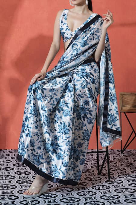 Shop_Naintara Bajaj_Off White Chiffon V-neck Floral Printed Pre-draped Saree Set _Online_at_Aza_Fashions