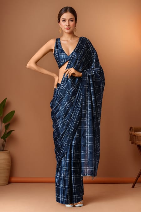 Samyukta Singhania Blue Printed Pre-Draped Saree Set 