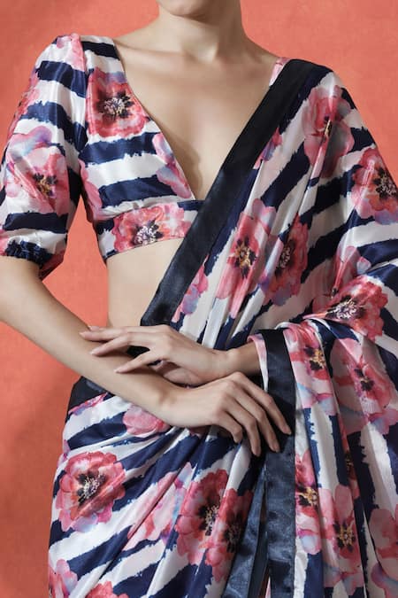 Naintara Bajaj_Multi Color Chiffon V-neck Printed Pre-draped Saree Set _Online_at_Aza_Fashions