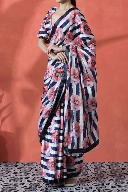 Buy_Naintara Bajaj_Multi Color Chiffon V-neck Printed Pre-draped Saree Set _Online_at_Aza_Fashions