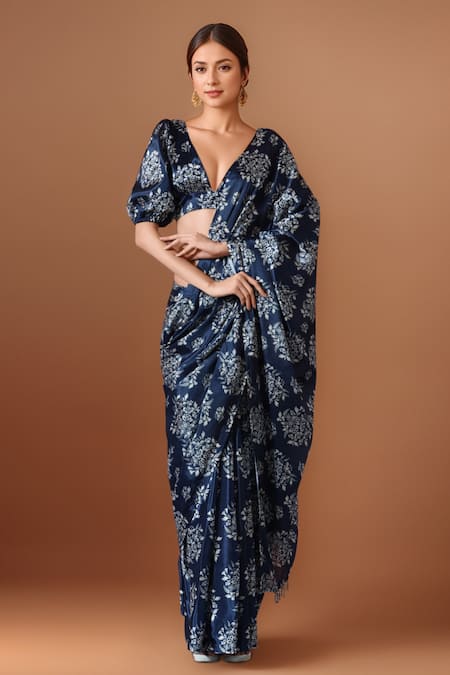 Samyukta Singhania Blue Printed Pre-Draped Saree Set 