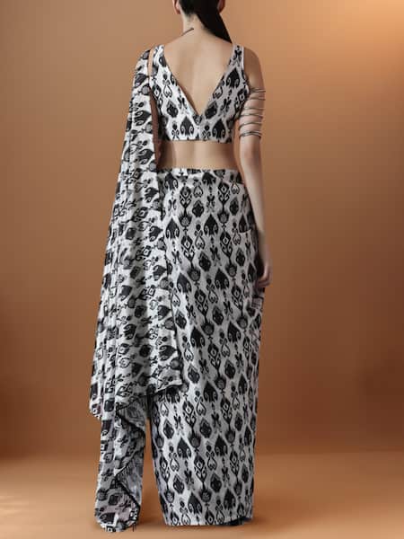 Shop_Naintara Bajaj_Off White Chiffon V-neck Printed Pre-draped Saree Set _at_Aza_Fashions