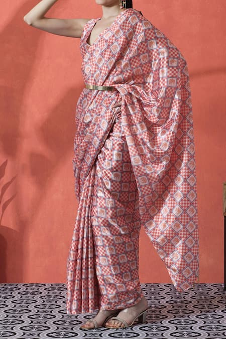 Buy_Naintara Bajaj_Multi Color Plunge Neck Printed Pre-draped Saree Set _Online_at_Aza_Fashions