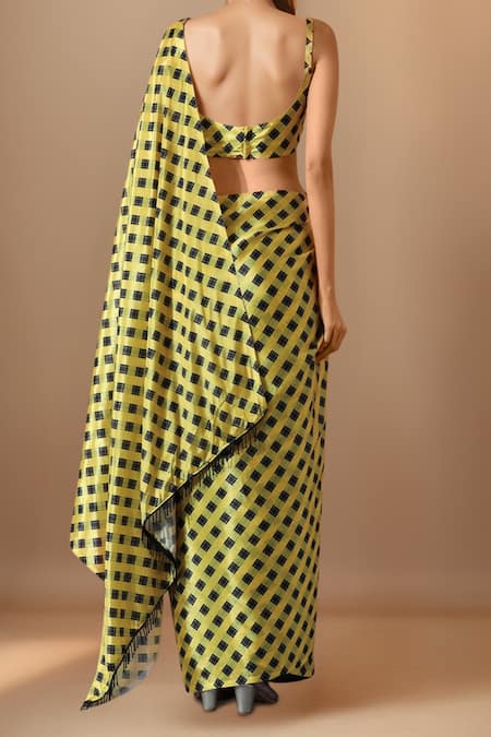 Samyukta Singhania Yellow & Black Printed Pre-Draped Saree 