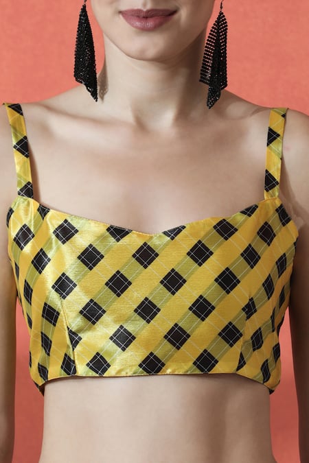 Shop_Naintara Bajaj_Yellow Round Neck And Black Printed Pre-draped Saree _Online_at_Aza_Fashions