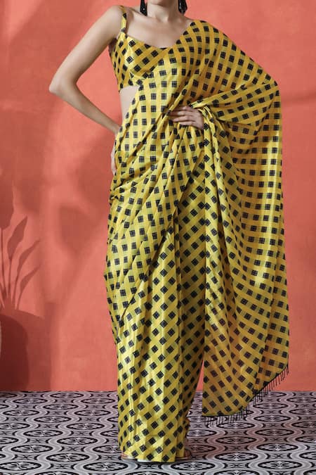 Shop_Naintara Bajaj_Yellow Round Neck And Black Printed Pre-draped Saree 