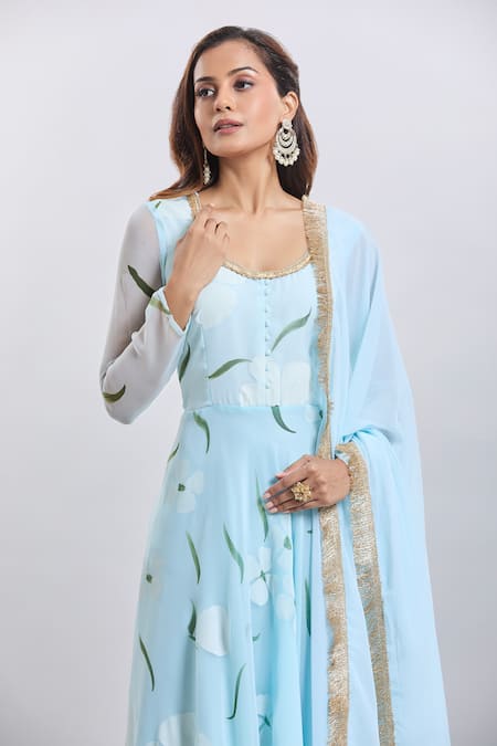 Naintara Bajaj Blue Georgette, Cotton Round Neck Hand Painted Light Kurta Set Online at Aza Fashions Naintara Bajaj_Blue Georgette, Cotton Round Neck Hand Painted Light Kurta Set _Online_at_Aza_Fashions