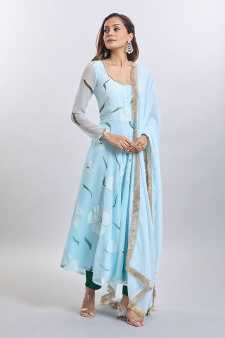 Buy Naintara Bajaj Blue Georgette, Cotton Round Neck Hand Painted Light Kurta Set Online at Aza Fashions Buy_Naintara Bajaj_Blue Georgette, Cotton Round Neck Hand Painted Light Kurta Set _Online_at_Aza_Fashions