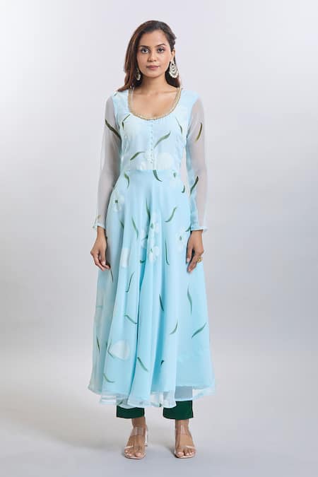 Shop Naintara Bajaj Blue Georgette, Cotton Round Neck Hand Painted Light Kurta Set Online at Aza Fashions Shop_Naintara Bajaj_Blue Georgette, Cotton Round Neck Hand Painted Light Kurta Set _Online_at_Aza_Fashions