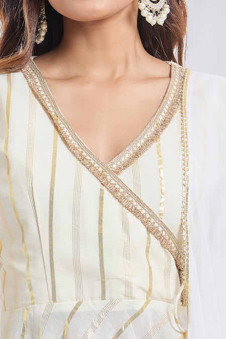 Buy_Samyukta Singhania_White Cotton, Georgette Zari V-neck Gold Stripe Kurta Palazzo Set _Online_at_Aza_Fashions