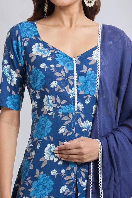 Naintara Bajaj Blue Cotton Printed Flare Kurta Set Online at Aza Fashions Naintara Bajaj_Blue Cotton Printed Flare Kurta Set _Online_at_Aza_Fashions