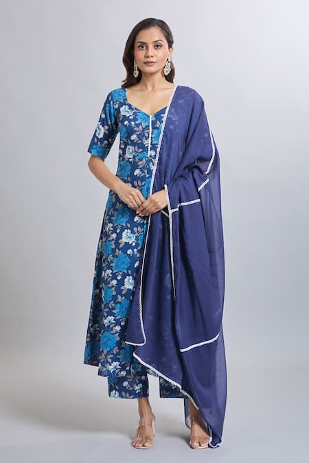 Buy Naintara Bajaj Blue Cotton Printed Flare Kurta Set Online at Aza Fashions Buy_Naintara Bajaj_Blue Cotton Printed Flare Kurta Set _Online_at_Aza_Fashions