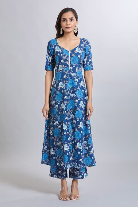 Shop Naintara Bajaj Blue Cotton Printed Flare Kurta Set Online at Aza Fashions Shop_Naintara Bajaj_Blue Cotton Printed Flare Kurta Set _Online_at_Aza_Fashions