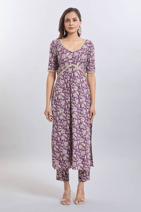 Naintara Bajaj Wine Cotton Embroidery V-neck Printed Kurta Set Online at Aza Fashions Naintara Bajaj_Wine Cotton Embroidery V-neck Printed Kurta Set _Online_at_Aza_Fashions