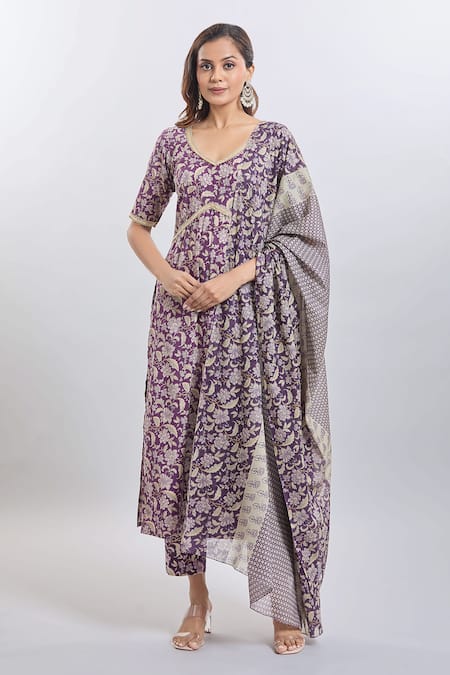 Samyukta Singhania Printed Wine Cotton Kurta Set 
