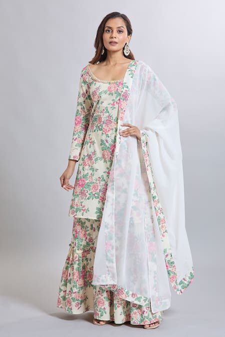 Samyukta Singhania Floral Print Off-White Sharara Suit Set 