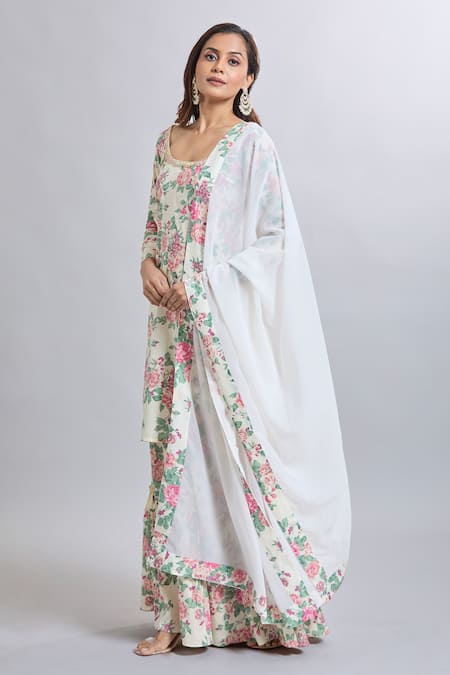 Buy_Samyukta Singhania_Off White Cotton Square Neck Floral Print Sharara Suit Set _Online_at_Aza_Fashions