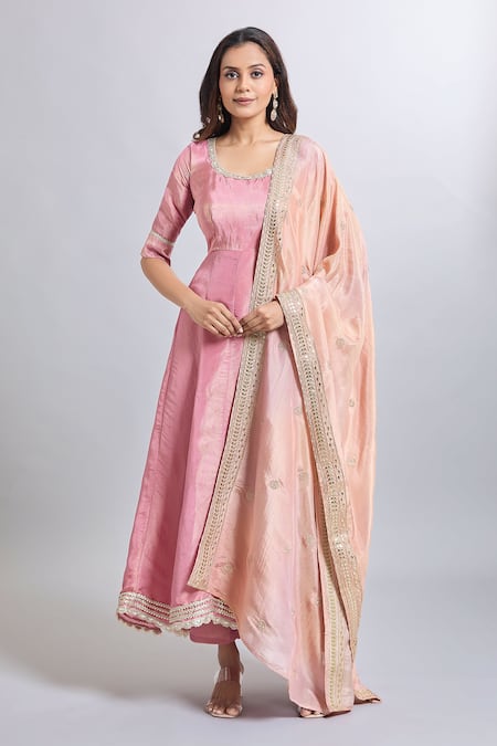 Samyukta Singhania Peach Tissue Anarkali Set 