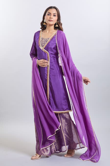 Samyukta Singhania_Purple Tissue Embroidery Round Neck Angarkha Palazzo Set _Online_at_Aza_Fashions