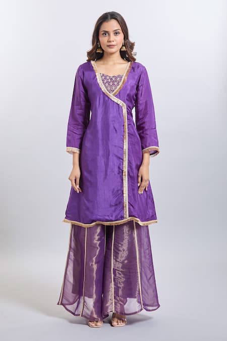 Buy_Samyukta Singhania_Purple Tissue Embroidery Round Neck Angarkha Palazzo Set _Online_at_Aza_Fashions