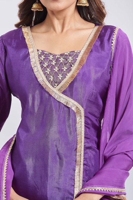 Shop_Samyukta Singhania_Purple Tissue Embroidery Round Neck Angarkha Palazzo Set _Online_at_Aza_Fashions