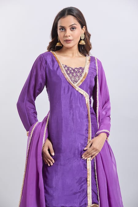 Samyukta Singhania_Purple Tissue Embroidery Round Neck Angarkha Palazzo Set _at_Aza_Fashions