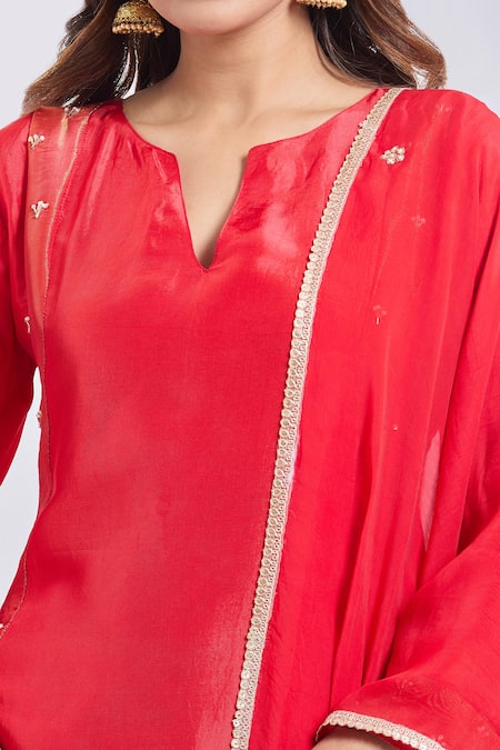 Shop_Samyukta Singhania_Red Tissue Embroidery V-neck Upada Silk Anarkali Set _Online_at_Aza_Fashions