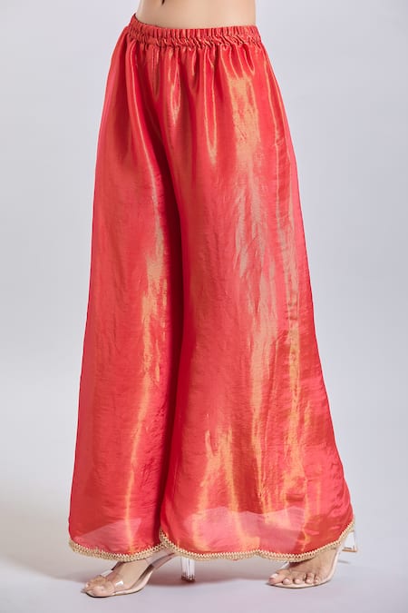 Samyukta Singhania_Red Tissue Embroidery V-neck Upada Silk Anarkali Set _at_Aza_Fashions