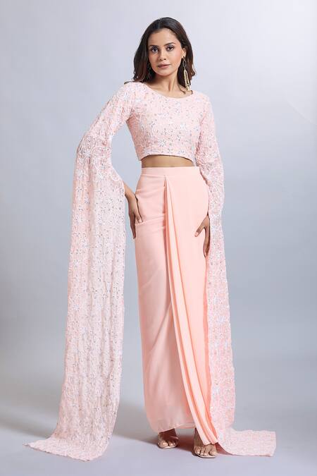 Samyukta Singhania_Peach Georgette Embroidery, Sequins Round Neck Draped Skirt And Crop Top Set_Online_at_Aza_Fashions
