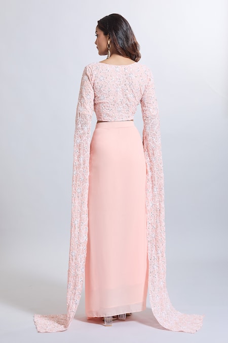 Samyukta Singhania Peach Georgette Draped Skirt & Crop Top Set 