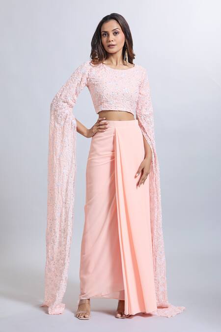 Samyukta Singhania Peach Georgette Draped Skirt & Crop Top Set 