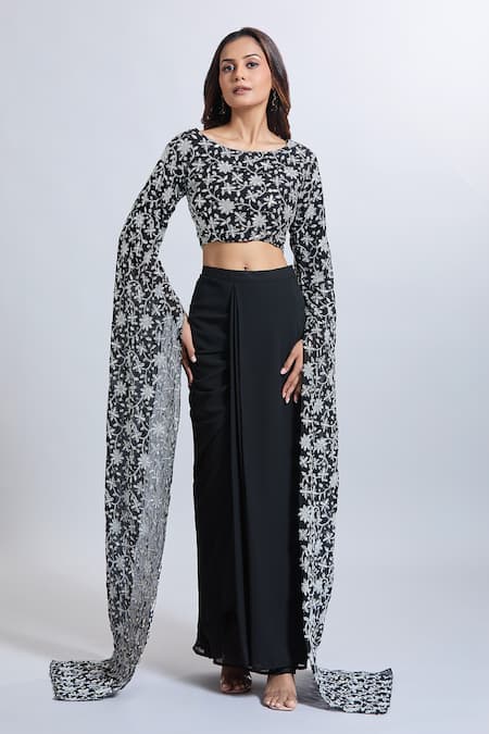 Samyukta Singhania Black Georgette Draped Skirt & Crop Top Set 