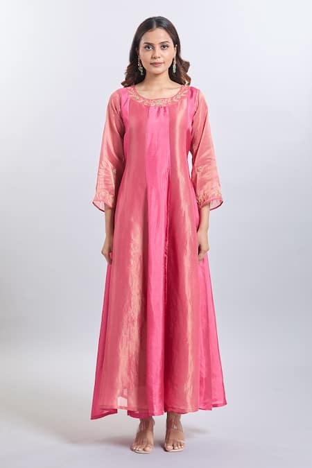 Buy_Samyukta Singhania_Pink Organza Embroidery Round Neck Upada Silk Anarkali Set _Online_at_Aza_Fashions