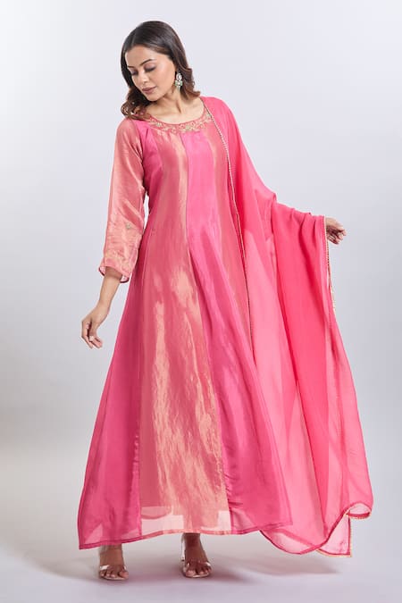 Shop_Samyukta Singhania_Pink Organza Embroidery Round Neck Upada Silk Anarkali Set _Online_at_Aza_Fashions