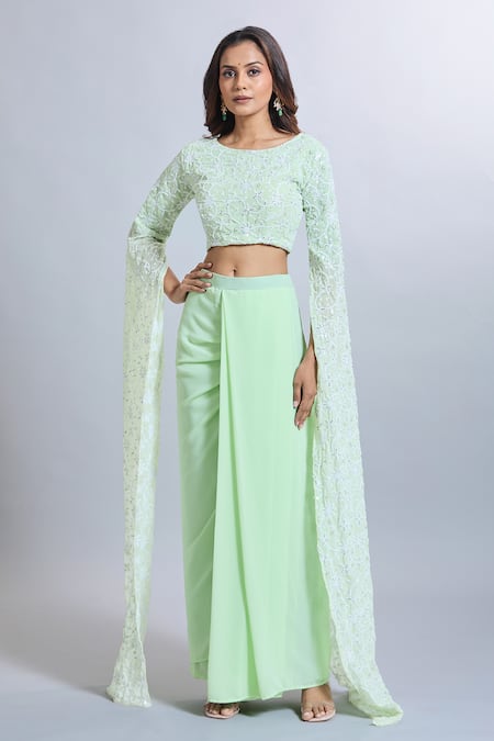 Samyukta Singhania Green Georgette Draped Skirt & Crop Top Set 