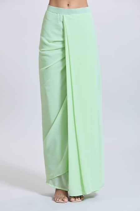 Samyukta Singhania_Green Georgette Sequins, Embroidery Round Neck Draped Skirt And Crop Top Set _Online_at_Aza_Fashions