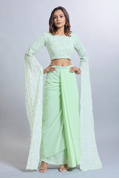 Buy_Samyukta Singhania_Green Georgette Sequins, Embroidery Round Neck Draped Skirt And Crop Top Set _Online_at_Aza_Fashions