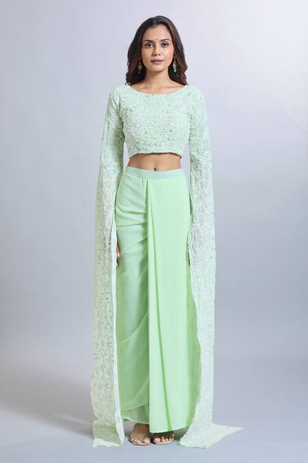 Shop_Samyukta Singhania_Green Georgette Sequins, Embroidery Round Neck Draped Skirt And Crop Top Set _Online_at_Aza_Fashions