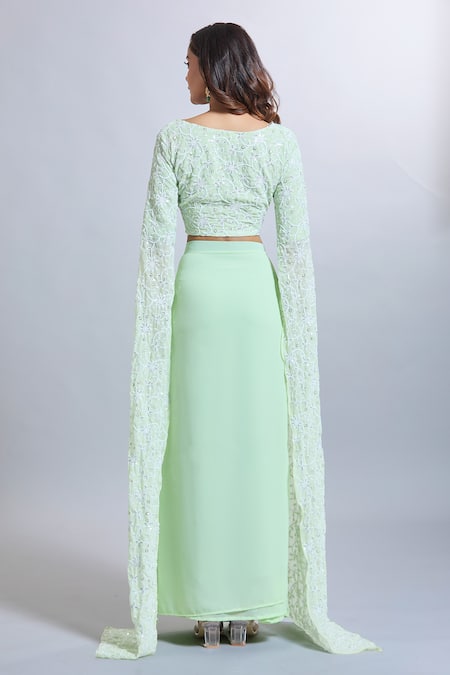 Samyukta Singhania Green Georgette Draped Skirt & Crop Top Set 