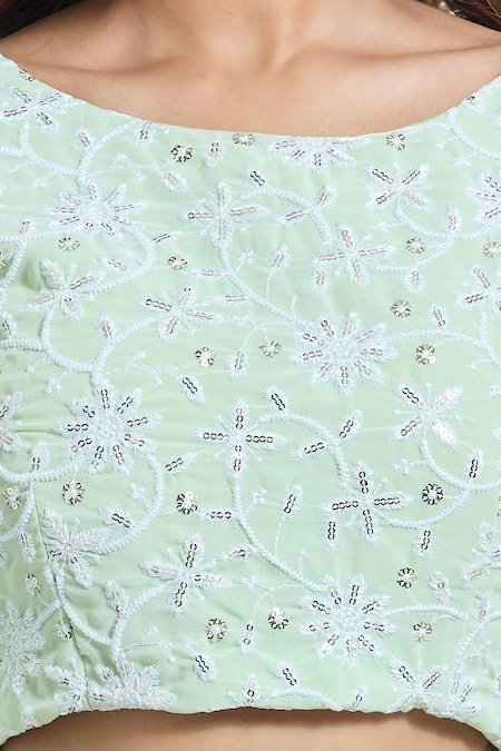 Samyukta Singhania_Green Georgette Sequins, Embroidery Round Neck Draped Skirt And Crop Top Set _at_Aza_Fashions