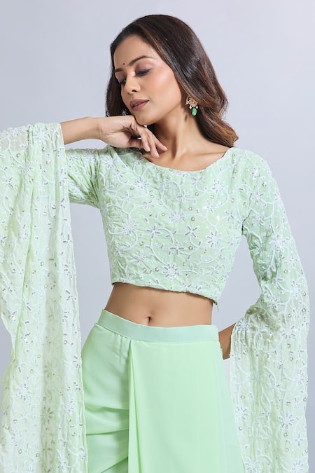 Buy_Samyukta Singhania_Green Georgette Sequins, Embroidery Round Neck Draped Skirt And Crop Top Set 