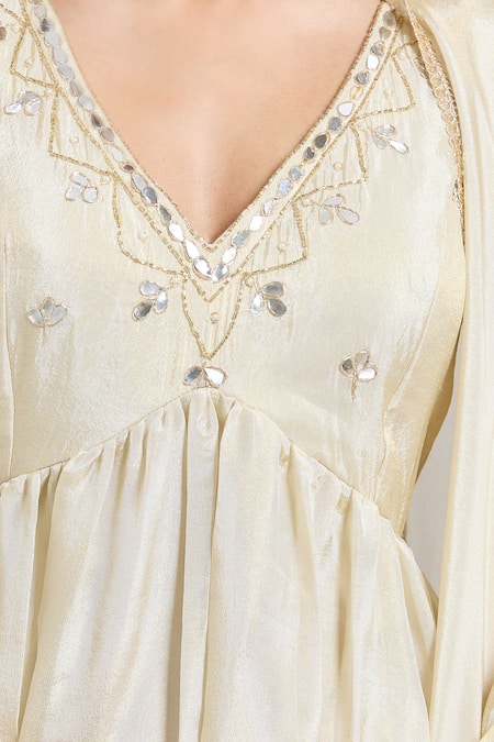 Shop_Samyukta Singhania_Cream Tissue Embroidery V-neck Anarkali Set _Online_at_Aza_Fashions