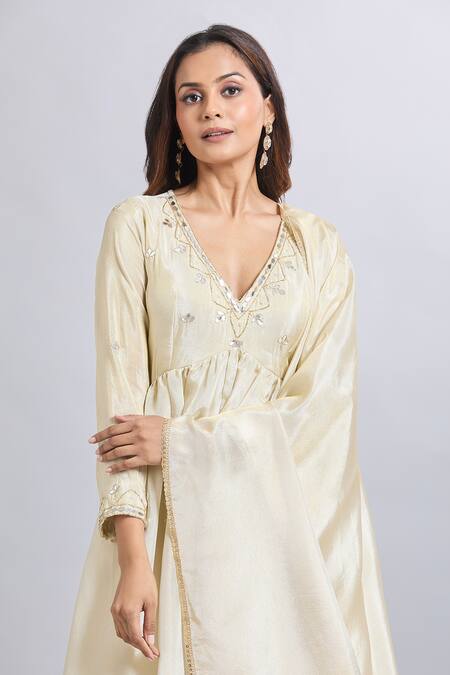 Buy_Samyukta Singhania_Cream Tissue Embroidery V-neck Anarkali Set 