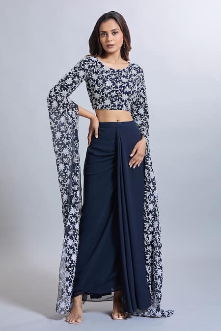 Samyukta Singhania Navy Blue Draped Skirt & Crop Top Set 