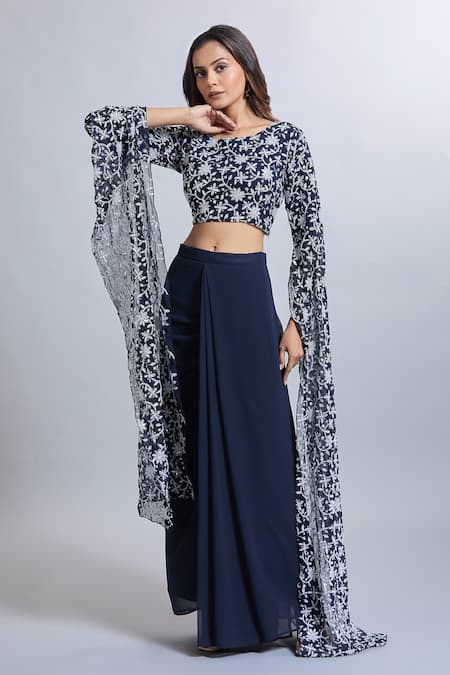 Samyukta Singhania_Navy Georgette Embroidery Round Neck Blue Draped Skirt And Crop Top Set _Online_at_Aza_Fashions