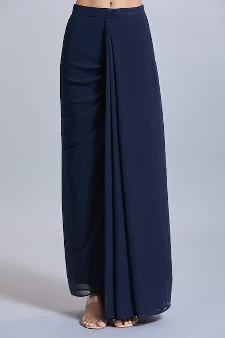 Buy_Samyukta Singhania_Navy Georgette Embroidery Round Neck Blue Draped Skirt And Crop Top Set _Online_at_Aza_Fashions