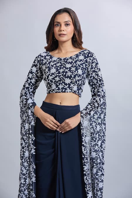 Shop_Samyukta Singhania_Navy Georgette Embroidery Round Neck Blue Draped Skirt And Crop Top Set _Online_at_Aza_Fashions