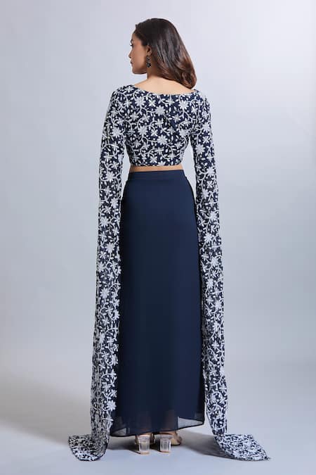 Samyukta Singhania Navy Blue Draped Skirt & Crop Top Set 