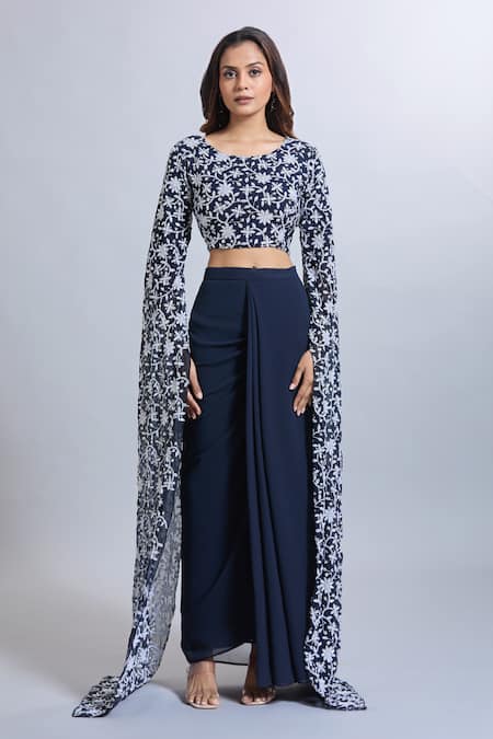 Buy_Samyukta Singhania_Navy Georgette Embroidery Round Neck Blue Draped Skirt And Crop Top Set 